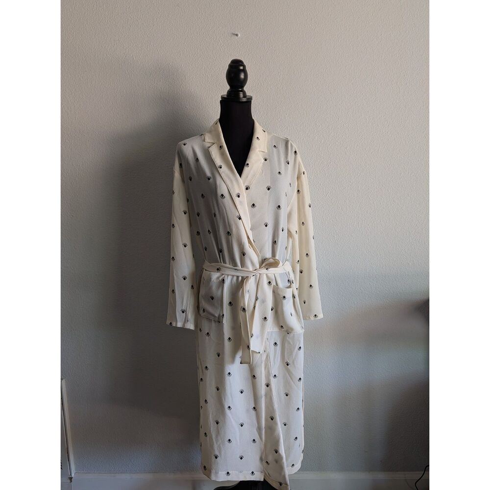 Wrap Duster Jacket Small Ivory Black Geometric Print Belted Long Sleeve